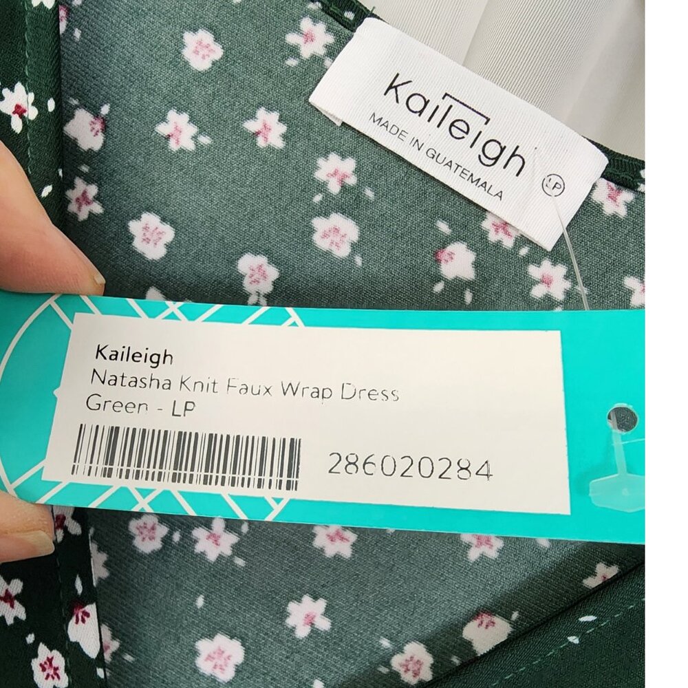 Kaileigh Faux Wrap Dress - Green Floral Knit - Size Petite Large - NWT - Picture 6 of 6